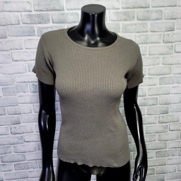 Vintage 90s Y2K Brazeau Tricot Size 1/S Grey Ribbed Short Sleeve Fitted‎ Tee - Picture 1 of 7